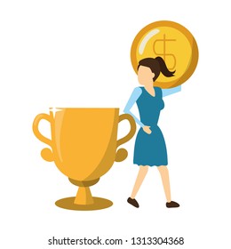 business woman with trophy and coin