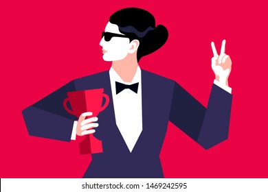 Business woman with trophy cup celebrating a triumph, showing sign of victory. Vector illustration