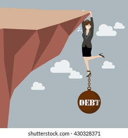 Business woman try hard to hold on the cliff with debt burden. Business concept