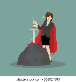 Business woman try to pull sword from stone. Business concept