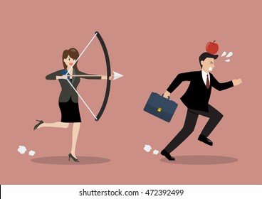 Business woman try to shoot at apple on colleague head. Business concept