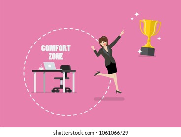 Business Woman Trying To Break Out Of Her Comfort Zone To Success. Vector Illustration