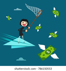 Business woman trying to catch money. vector illustration design.