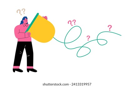 Business woman trying to communicate with old technology. Miscommunication, tin can communication concept. Flat vector illustration isolated on white background
