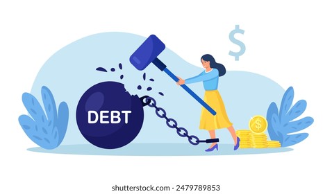 Business woman trying to destroy debt ball with hammer. Woman smashes burden of taxes. Financial independence. Lack of debts. Person solve financial problems. Character freed from monetary obligations