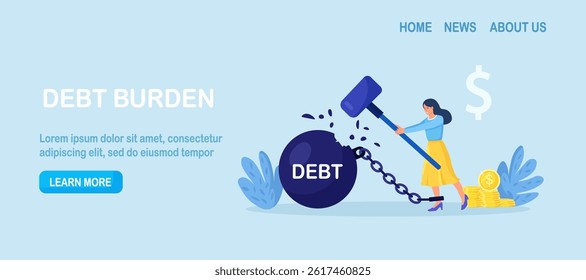 Business woman trying to destroy debt ball with hammer. Woman smashes burden of taxes. Financial independence. Lack of debts. Person solve financial problems. Character freed from monetary obligations
