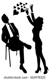 business woman trying to reach hearts with her hands, business man looking