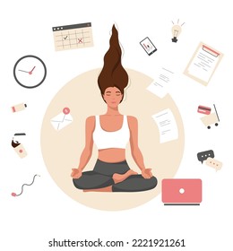 Business woman trying to relax and manage a great quantity of task. Vector colourful Illustration isolated on white background.