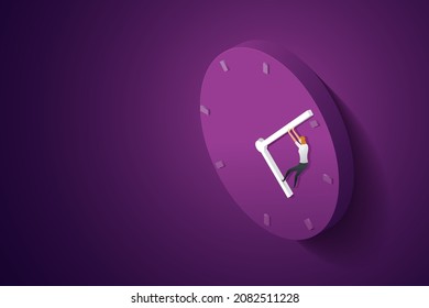 Mujer de negocios tratando de parar el reloj para detener el tiempo o los plazos de los negocios, trabajando bajo presión, tiempo limitado.  ilustración vectorial isométrica.