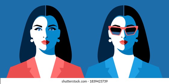 Business woman. Two female avatars, full face portraits. Young beautiful women with black hair, in red and blue office suits. With and without sunglasses. Vector illustration