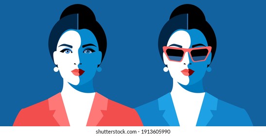 Business woman, two variants of full face portrait. Young beautiful female characters in red and blue office suits, with and without sunglasses. Vector illustration