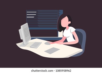 Business woman typing at computer in office. Vector illustration