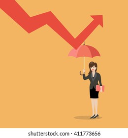 Business Woman With Umbrella Protecting From Graph Down. Business Concept