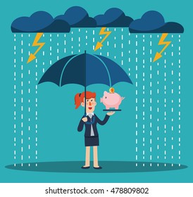 A business woman with umbrella standing under thunderstorm protecting piggy bank. Saving money for any storm problem will come. Business and finance vector concept