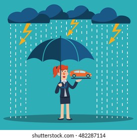 Business woman with umbrella standing under thunderstorm protecting car
