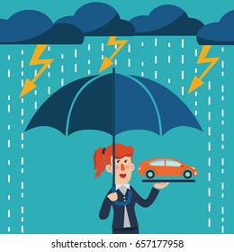 Business woman with umbrella standing under thunderstorm protecting car 