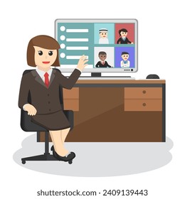 Business woman use computer for virtual meeting design character on white background