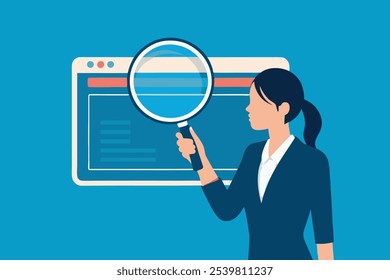 Business Woman user with magnifying glass discover new websites from search box isolated flat vector illustration