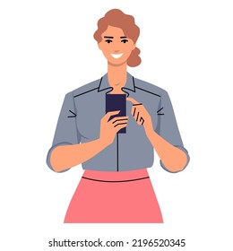 Business Woman Uses A Mobile Phone. Smiling  Young Woman Holding A Device In Her Hand And Touching The Screen With Her Finger. Typing, Scrolling The Page In The Browser. Flat Vector Isolated On White.