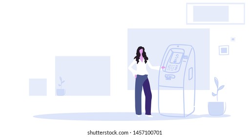 business woman using atm machine businesswoman withdrawing cash automatic teller machine money transactions concept female cartoon character full length sketch horizontal