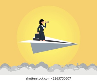 Business woman using binoculars  on paper plane. Research and forecast concept