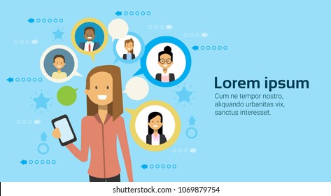 Business Woman Using Cell Smart Phone Communicating With Businesspeople Networking Concept