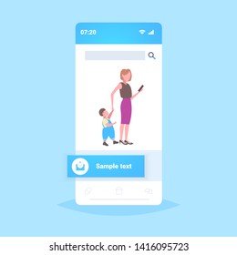 business woman using cellphone while walking with little child son want attention from mother smartphone addiction concept online mobile application flat full length