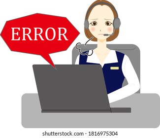 Business woman using computer with error sign. Vector illustration