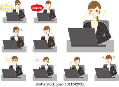 Business woman using computer. Female facial expression set.