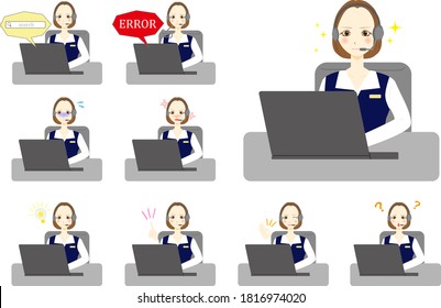 Business woman using computer. Female facial expression set.