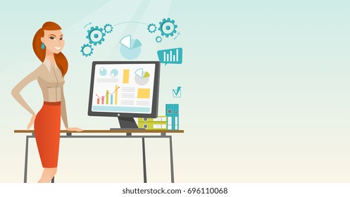 Business woman using computer for making of report. Woman making business presentation on computer. Woman demonstrating report on computer screen. Vector flat design illustration. Horizontal layout.