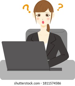 Business woman using computer. question mark.