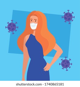 business woman using face mask with particles 2019 ncov vector illustration design