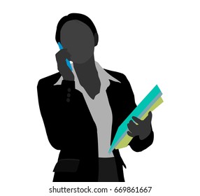 Business woman using her mobile phone vector silhouette people on a white background