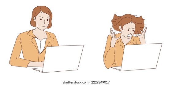 business Woman using a laptop with angry and happy expression