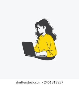 Business woman using a laptop computer to find information. Hand drawn thin line style, vector illustrations. black and white colour full