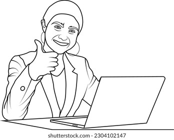 Business woman using laptop for doing office work line art