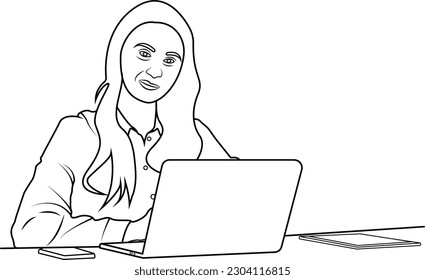 Business woman using laptop for doing office work line art