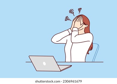 Business woman using laptop experiencing stress after making mistake or sending email to wrong recipient. Girl manager in business clothes suffers from stress associated with professional burnout