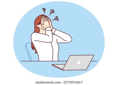 Business woman using laptop experiencing stress after making mistake or sending email to wrong recipient. Girl manager in business clothes suffers from stress associated with professional burnout