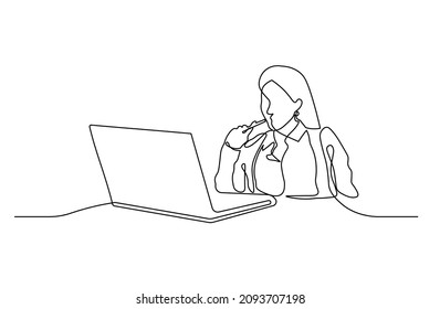 Business woman using laptop one line vector illustration
