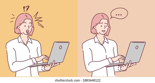 Business woman using laptop. she is shocked facial expression and worry. Hand drawn in thin line style, vector illustrations.