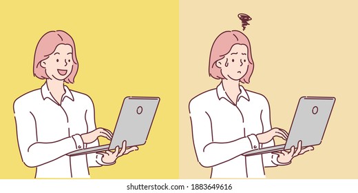 Business woman using laptop. she happily facial and dazed. Hand drawn in thin line style, vector illustrations.