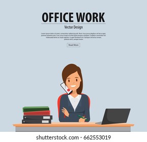 business woman using a laptop and talking phone in office work. Illustration vector.