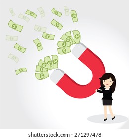 Business woman using magnet to attracts money. Magnet for business.
