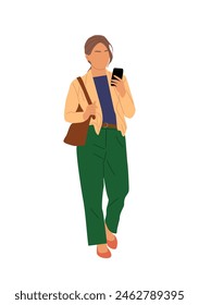 Business woman using mobile phone. Pretty girl in casual clothes walking with smartphone, texting, chatting, reading message. Female cartoon character vector illustration isolated. Hand made, not AI