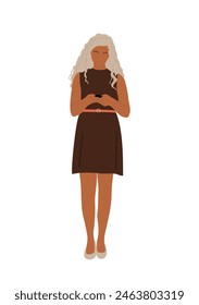 Business woman using mobile phone. Pretty girl in casual dress standing with smartphone, texting, chatting, reading message. Female cartoon character vector illustration isolated on white background.