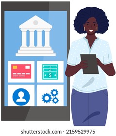 Business woman is using program for banking. Woman transferring funds online. Making transactions with money, online payment, business transfers. Contactless payments with application for laptop