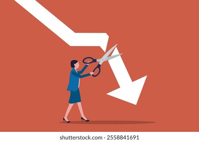 Business woman using scissors to cut off the falling downward arrow. concept of Stop losing assets from stock market volatility