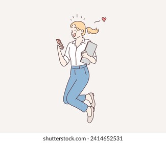 business woman using smartphone. cheerful positive girl jumping in the air. Hand drawn style vector design illustrations.